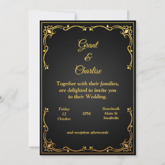 Excelente invitación de boda, oro y negro