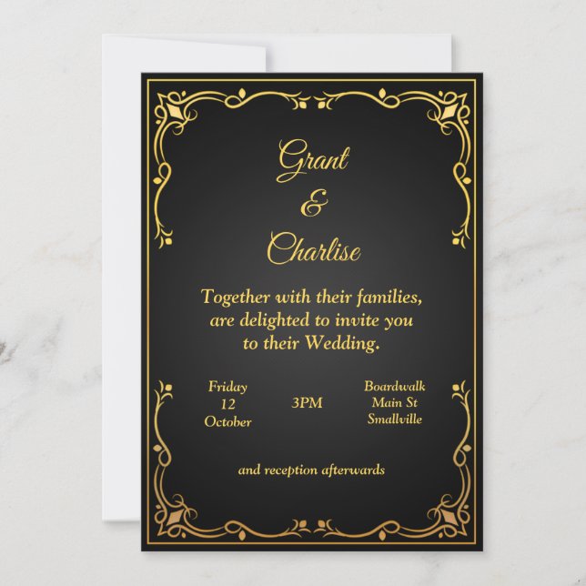 Excelente invitación de boda, oro y negro (Anverso)