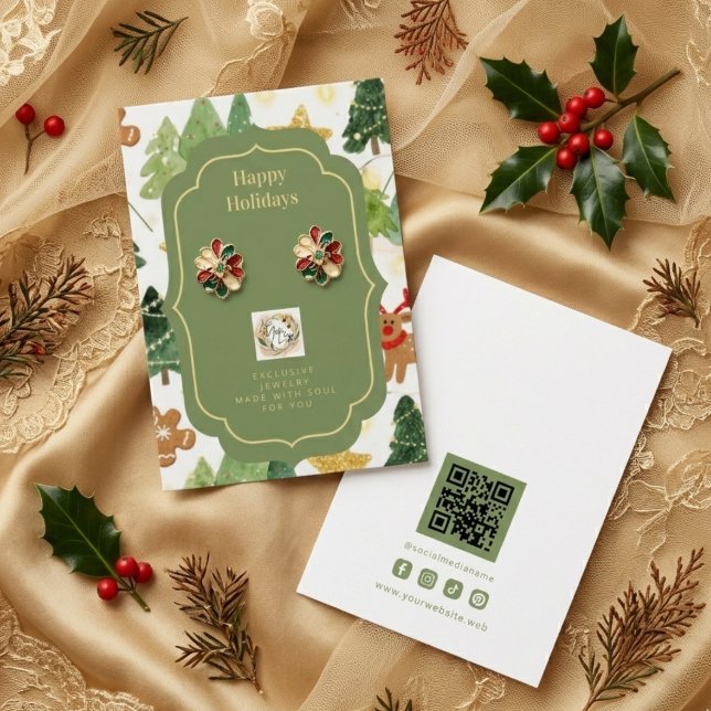 Exhibidor de Joyas de Bosque Rústico de Navidad TM (Rustic Christmas Forest and Gingerbread in Watercolor Effect Jewelry Display Card with Business Logo)