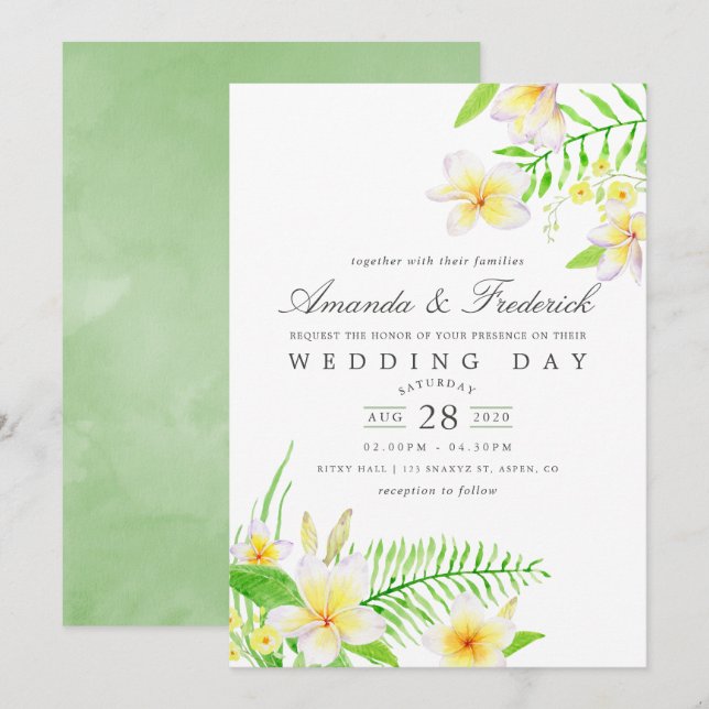 Exótica acuarela Frangipani Invitación a la boda f (Anverso / Reverso)