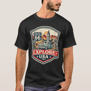 Explora USA Ruta 66 Camiseta con Insignia de Viaje
