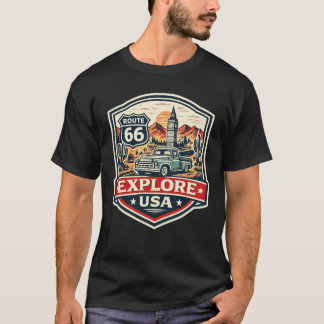 Explora USA Ruta 66 Camiseta con Insignia de Viaje