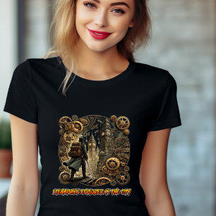 Explorador de Steampunk en la camiseta de la ciuda