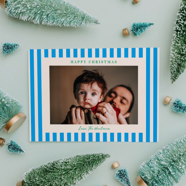 Explosión de raya azul Una foto Navidad Fiesta (Pop of Blue Stripe One Photo Christmas Holiday Card)