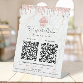 Expositor En L 2 Código QR Pagar Aquí Torta Rosa Purpurina Marble