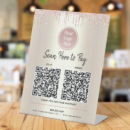 Expositor En L 2 Códigos QR Paga Aquí Brillo Rosa Logo Personaliz