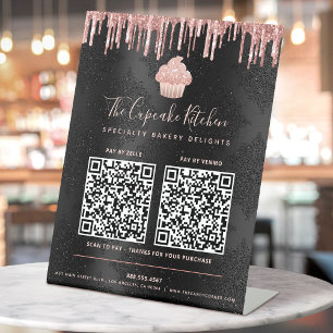 Expositor En L 2 Códigos QR Paga Aquí Cupcake Rosa Brillo Negro