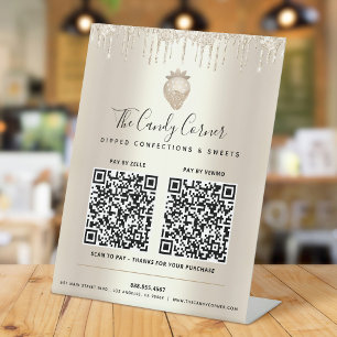 Expositor En L 2 Códigos QR Paga Aquí Gotitas de Purpurina Dorada