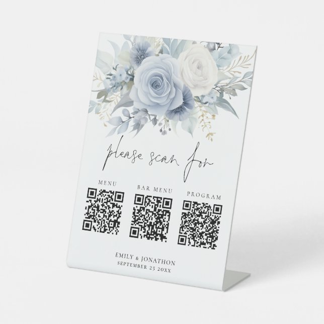 Expositor En L 3 Qr Codes Bar Menú Programa Flores Azules Boda (Anverso)