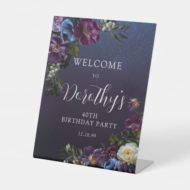 Expositor En L 40.º cumpleaños Moody Purple Flowers Personalizado (Anverso)