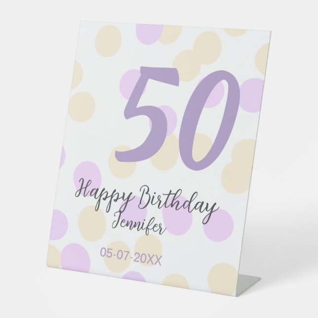 Expositor En L 50th birthday add name date purple orange polkadot (Anverso)