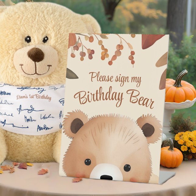 Expositor En L Adorable Woodland Bear Primer Nacimiento Bebé (Fall baby's 1st birthday woodland party sign for gift table guestbook signing, cute Autumn animal)