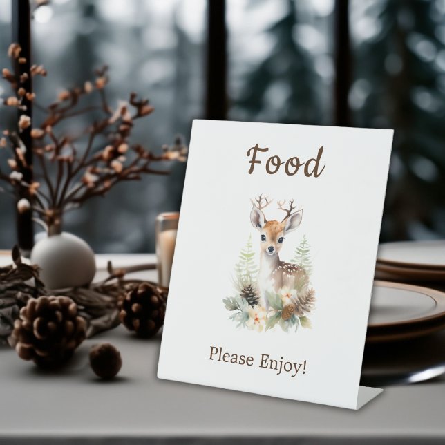 Expositor En L Alimentos para animales de la especie Woodland Dee (Winter Deer Gender Neutral Baby Shower Food Pedestal Sign)