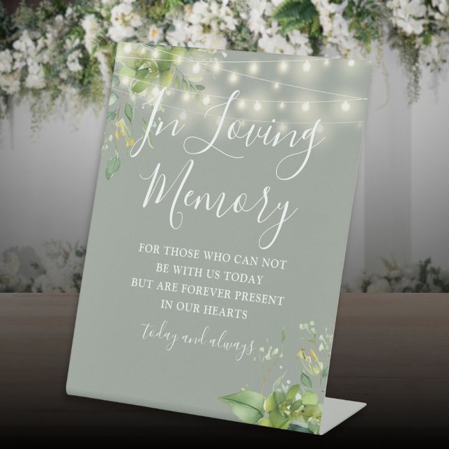 Expositor En L Amar la memoria Luces verdes iluminan a Sage Green (Loving Memory Greenery Lights Sage Green Wedding Pedestal Sign)
