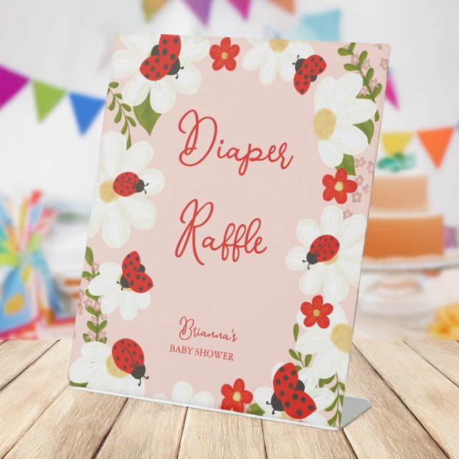 Expositor En L Amo insecto ladybug daisies baby ducha diaper raff (Love bug ladybug daisies baby shower diaper raffle pedestal sign personalized table signs)