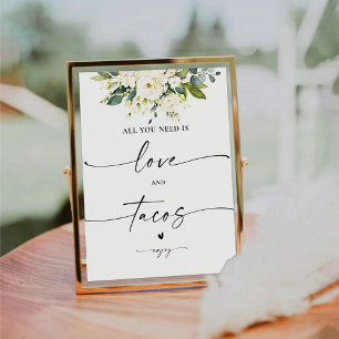 Expositor En L Amor floral de rosas blancas y Rótulo de tacos