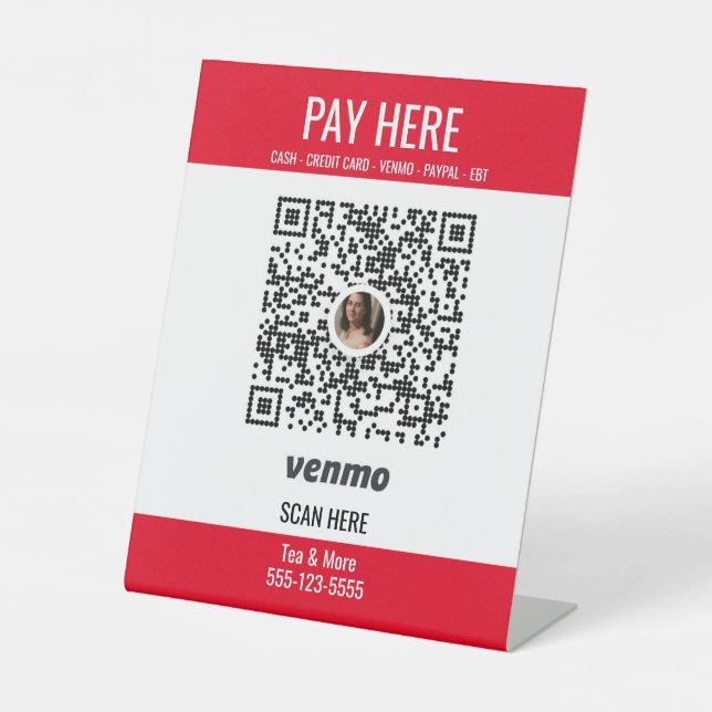 Expositor En L Añadir código QR Venmo Pay Here Red Pedestal Rótul (Anverso)