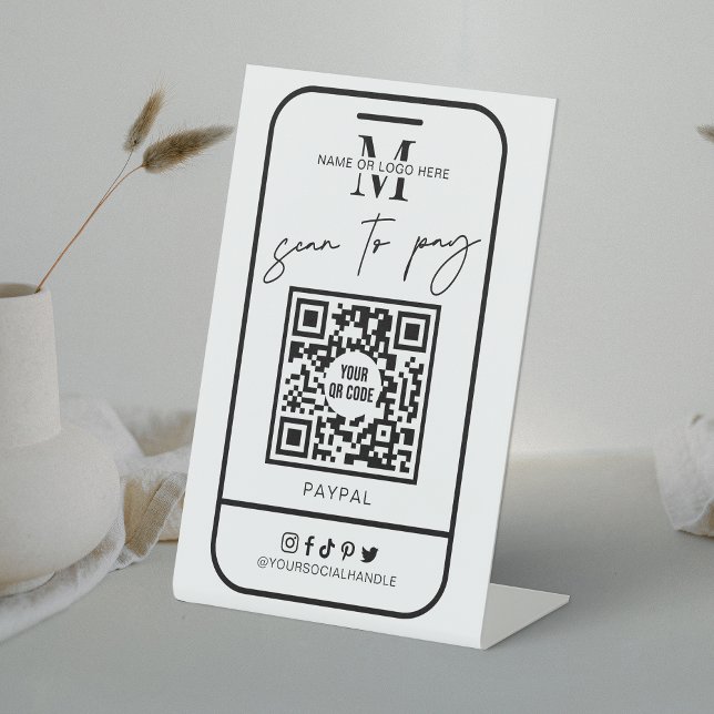 Expositor En L Análisis de pagos escaneables para pagar el logoti (Modern scan to pay QR code sign in trendy black and white design, perfect to place at your till)