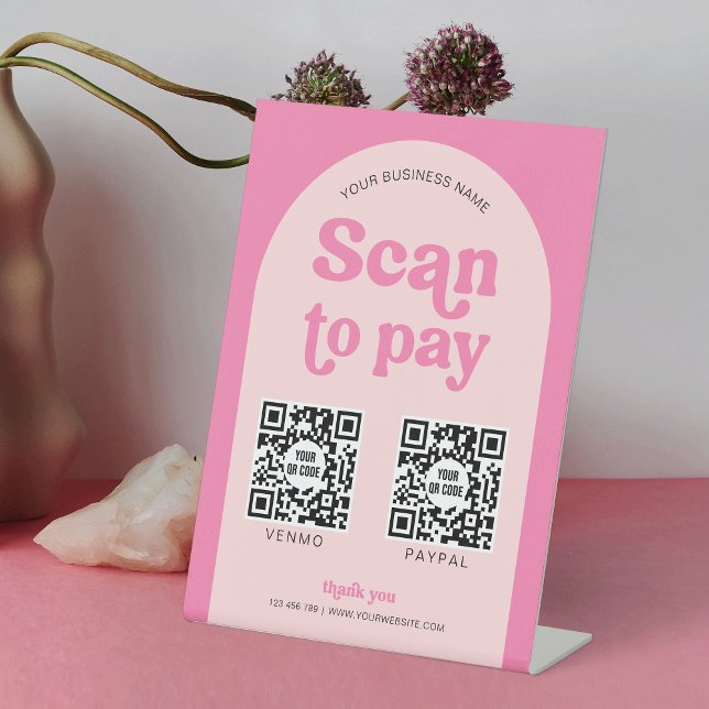 Expositor En L Análisis moderno retro rosado para pagar 2 QR de p (Feminine Business Scan to Pay pedestal sign with space for 2 QR codes in a retro pink design)