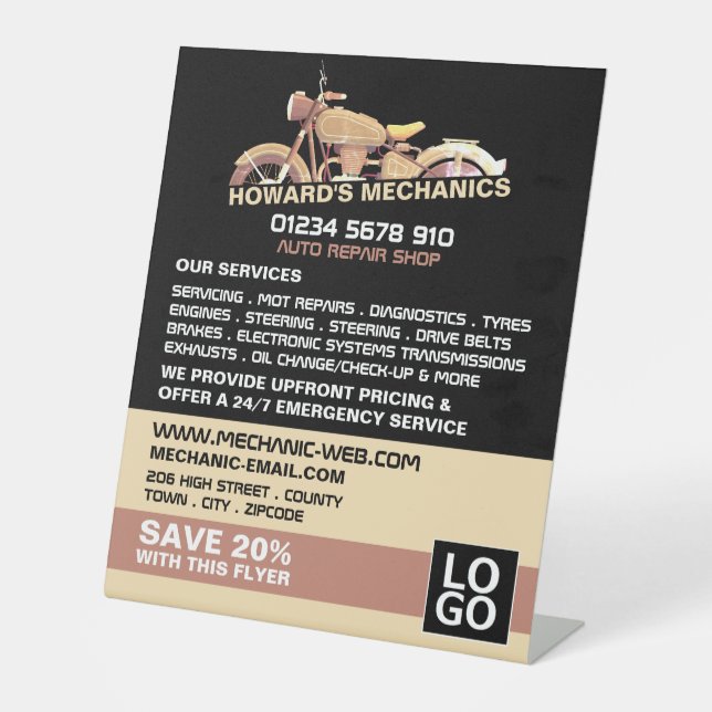 Expositor En L Anuncio de motocicleta clásica, mecánica automátic (Anverso)