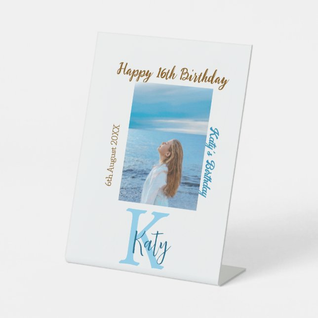 Expositor En L Aqua azul marrón feliz nombre de foto de 16 años (Anverso)