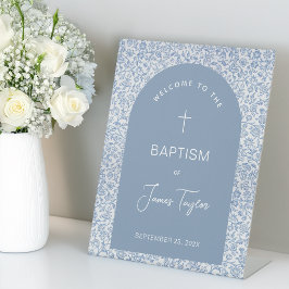 Expositor En L Arco de Bautismo Niño Azul Blanco Patrón Floral Bi