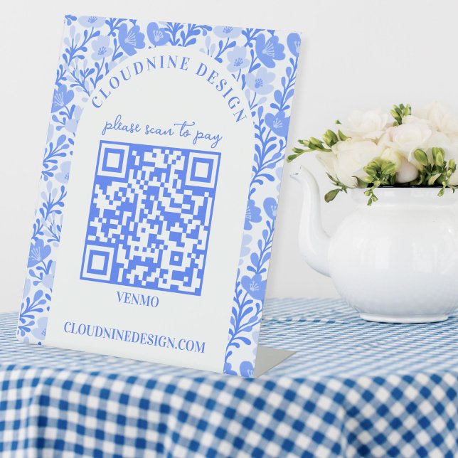 Expositor En L Arco floral azul blanco CÓDIGO QR SCAN PARA PAGAR (Floral Arch Blue White SCAN TO PAY QR CODE Pedestal Sign
)