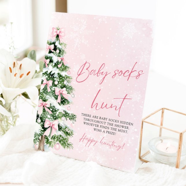 Expositor En L Arcos rosados Árbol de Navidad Bebé Socks juego de (Pink Bows Christmas Tree Baby Socks Hunt Game Pedestal Sign)