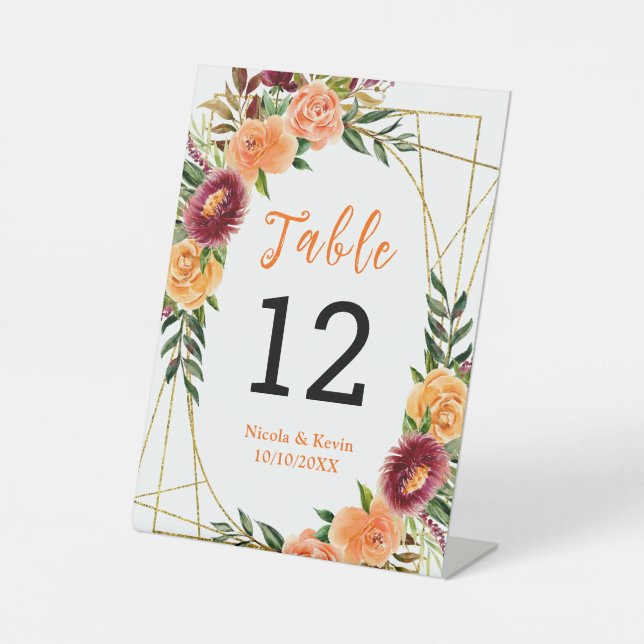 Expositor En L Autumn Burgundy Orange Floral Wedding Table Number (Anverso)
