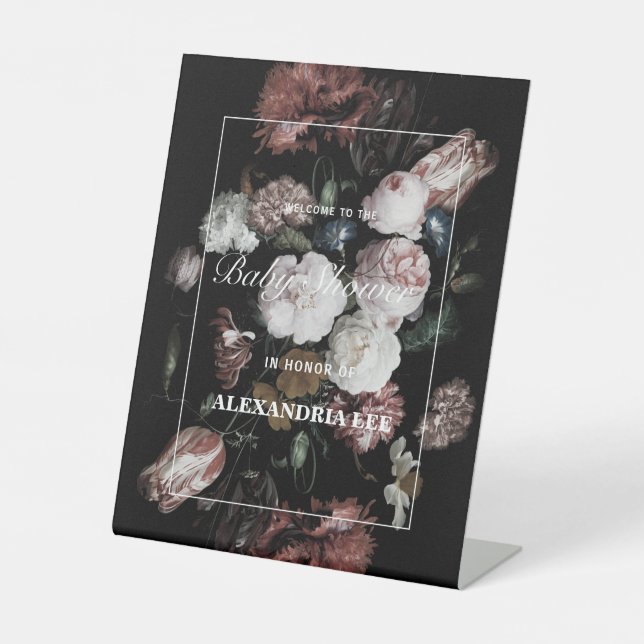 Expositor En L Baby Shower Welcome Dark Black Moody Floral (Anverso)