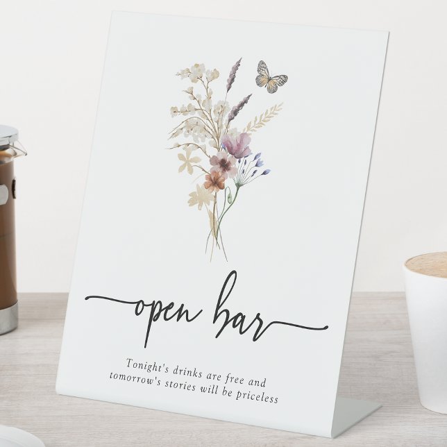 Expositor En L Bar Abierto Boho (Elegant Boho Floral Open Bar Pedestal Sign with Butterfly by Painted Paperie
)