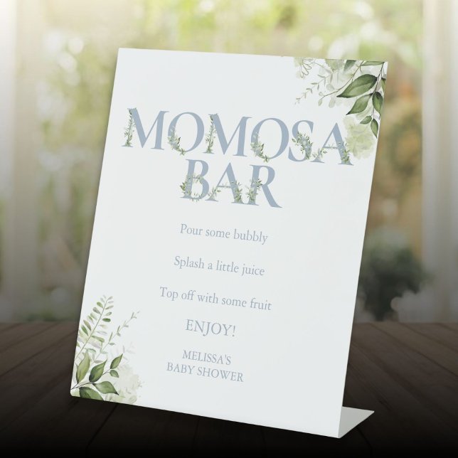 Expositor En L Bar de Momosa Greenery Dusty Blue Baby Shower (Momosa Bar Greenery Dusty Blue Baby Shower Pedestal Sign)