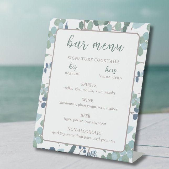 Expositor En L Bar Eucalyptus (Custom Wedding Bar Menu with eucalyptus leaves border)