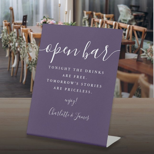 Expositor En L Barra abierta con letra morada (Purple Signature Script Open Bar Pedestal Sign)