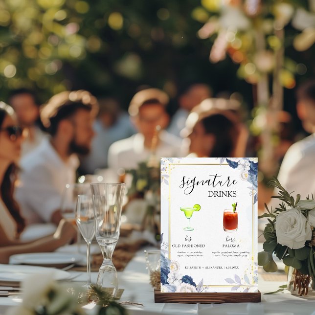 Expositor En L Barra Boda Dusty Blue Gold Floral Signature Beber (Subido por el creador)
