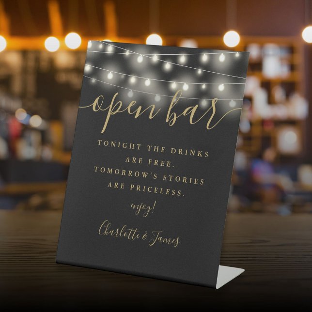 Expositor En L Barra de apertura de la firma negra y dorada (String Lights Black And Gold Signature Open Bar Pedestal Sign)