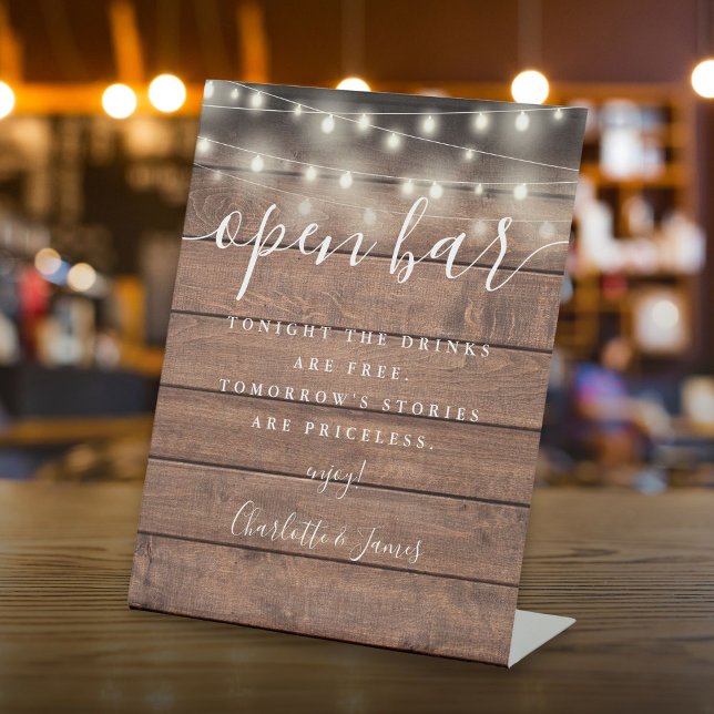 Expositor En L Barra de guiones de madera rusa (String Lights Rustic Wood Script Open Bar Pedestal Sign)