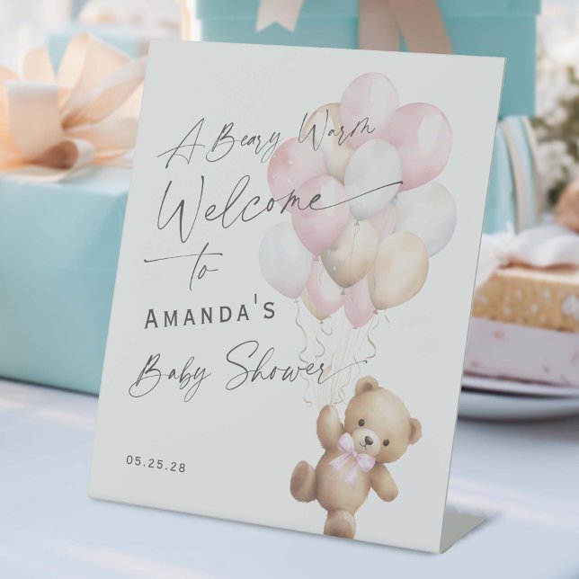 Expositor En L Bebé rosa moderno ducha Bebé Bearly espera bienven (Pink Baby Boy Shower, We Can Bearly Wait Themed Pedestal Welcome Sign.)