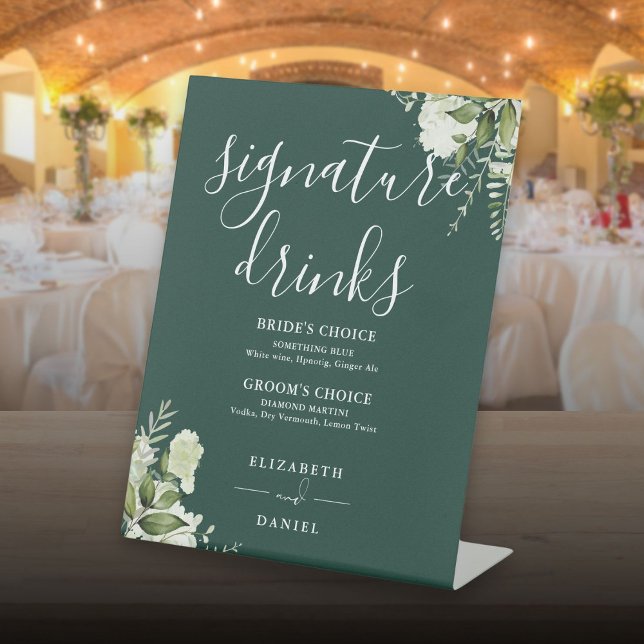 Expositor En L Bebidas con Boda floral de esmeralda (Emerald Floral Wedding Signature Drinks Pedestal Sign)