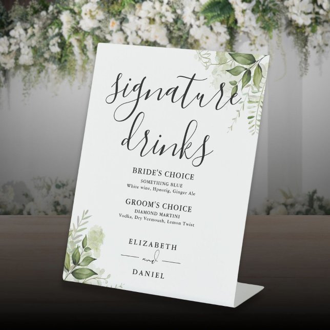 Expositor En L Bebidas con Boda floral de verdor (Greenery Floral Wedding Signature Drinks Pedestal Sign)