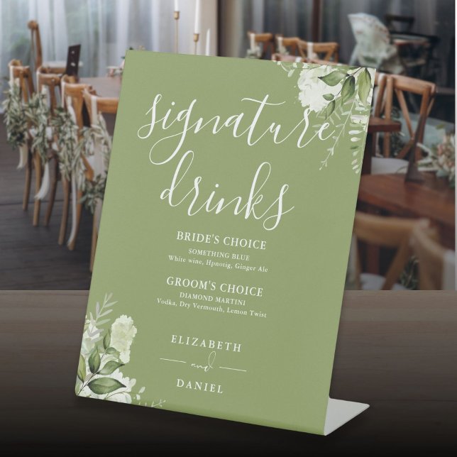 Expositor En L Bebidas con Boda floral verde Moss (Moss Green Floral Wedding Signature Drinks Pedestal Sign)