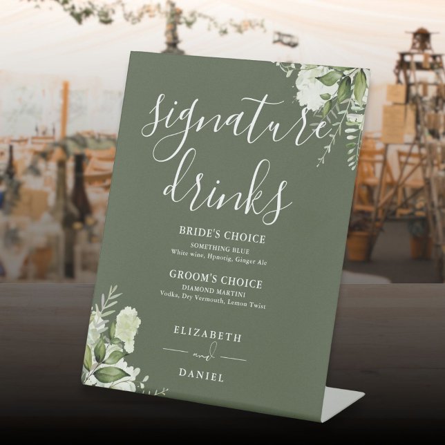 Expositor En L Bebidas con Boda floral verde oliva (Olive Green Floral Wedding Signature Drinks Pedestal Sign)