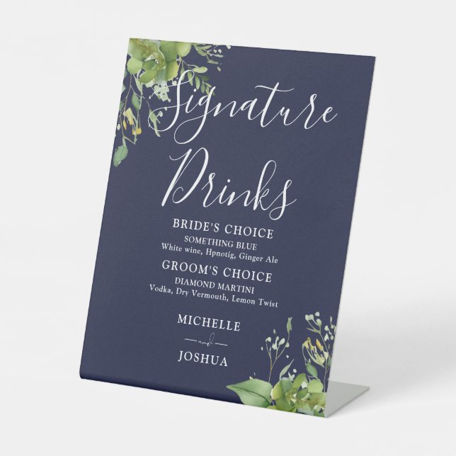 Expositor En L Bebidas con firma azul de la marina floral verde (Anverso)