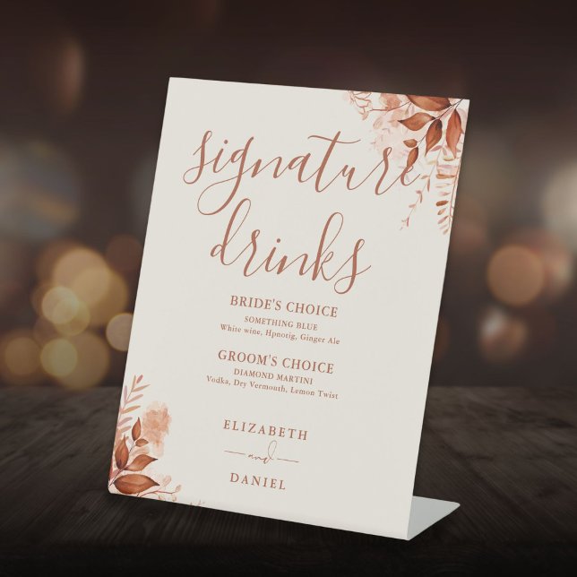 Expositor En L Bebidas con firma de boda floral rústica (Rustic Floral Fall Wedding Signature Drinks Pedestal Sign)