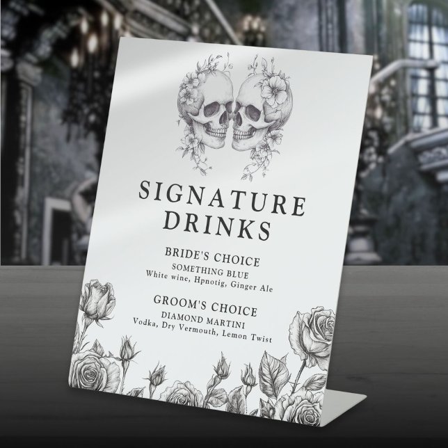 Expositor En L Bebidas con Firma de Calaveras Góticas de Blanco y (Gothic Skulls Black And White Signature Drinks Pedestal Sign)