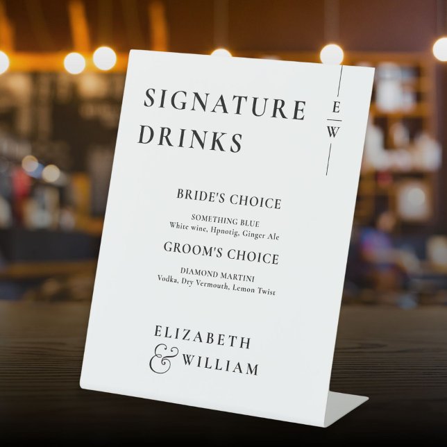 Expositor En L Bebidas con firma de monograma moderno en blanco y (Black And White Modern Monogram Signature Drinks Pedestal Sign)