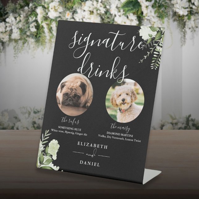 Expositor En L Bebidas con firma de perro Boda blanco y negro Mas (Black And White Wedding Pet Dog Signature Drinks Pedestal Sign)