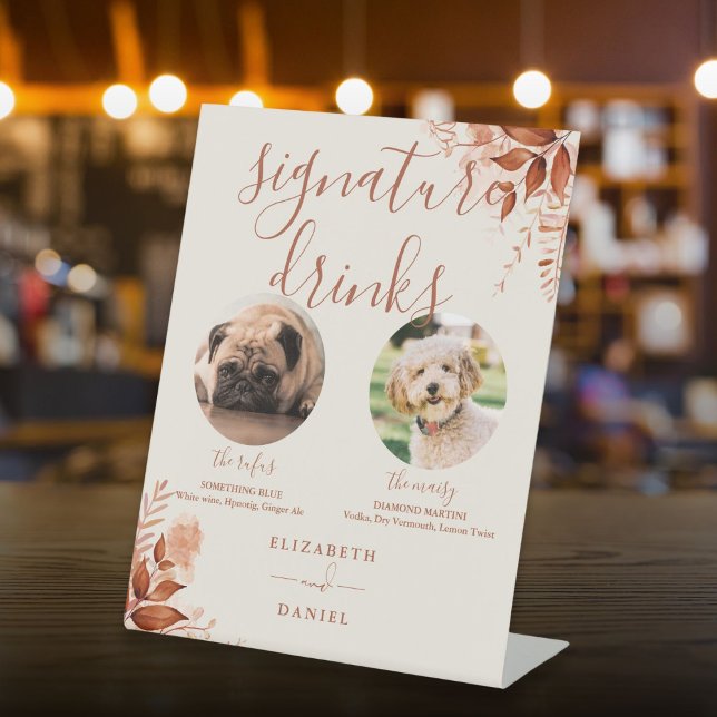 Expositor En L Bebidas con firma de perro Mascota de casamiento r (Rustic Fall Wedding Pet Dog Signature Drinks Pedestal Sign)