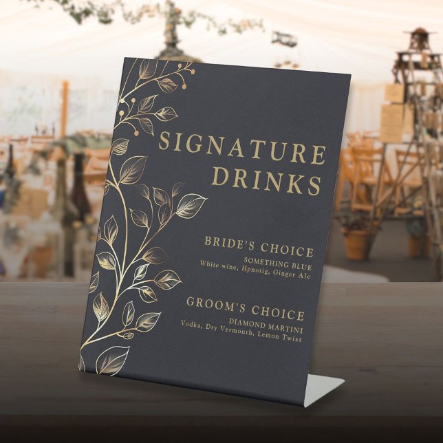 Expositor En L Bebidas con firma dorada moderna y elegante (Modern Elegant Golden Floral Signature Drinks Pedestal Sign)