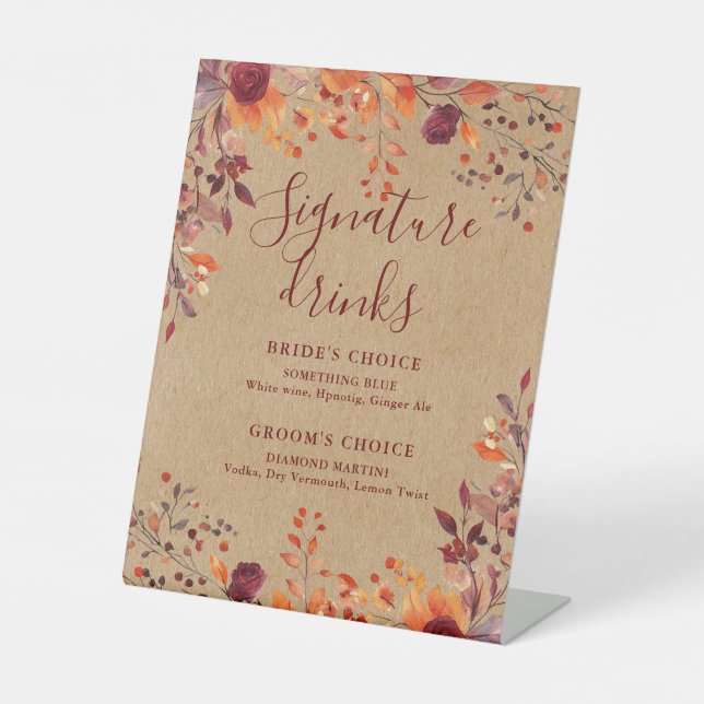 Expositor En L Bebidas con firma floral otoñal de Kraft rústico (Anverso)